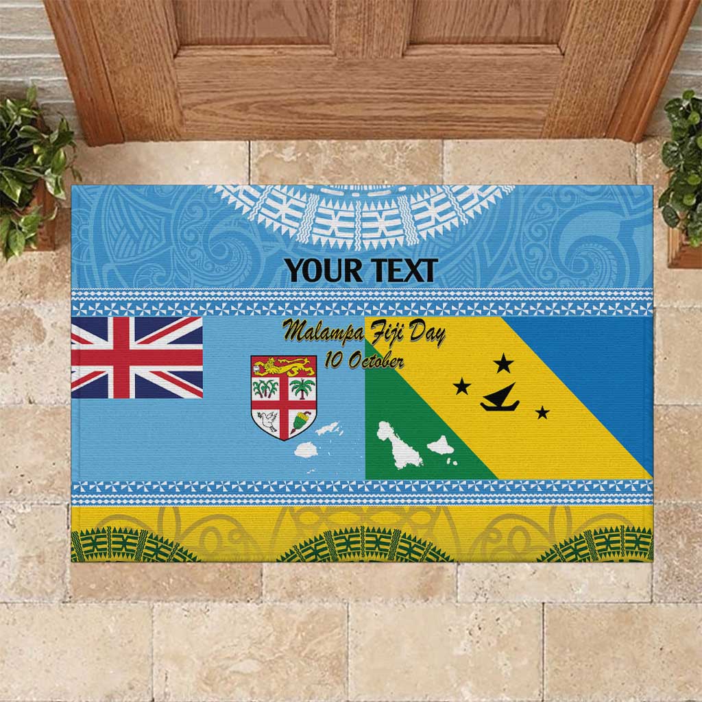 Personalised Malampa Fiji Day Rubber Doormat 10 October Fijian Tapa Flag Style LT14 Blue - Polynesian Pride