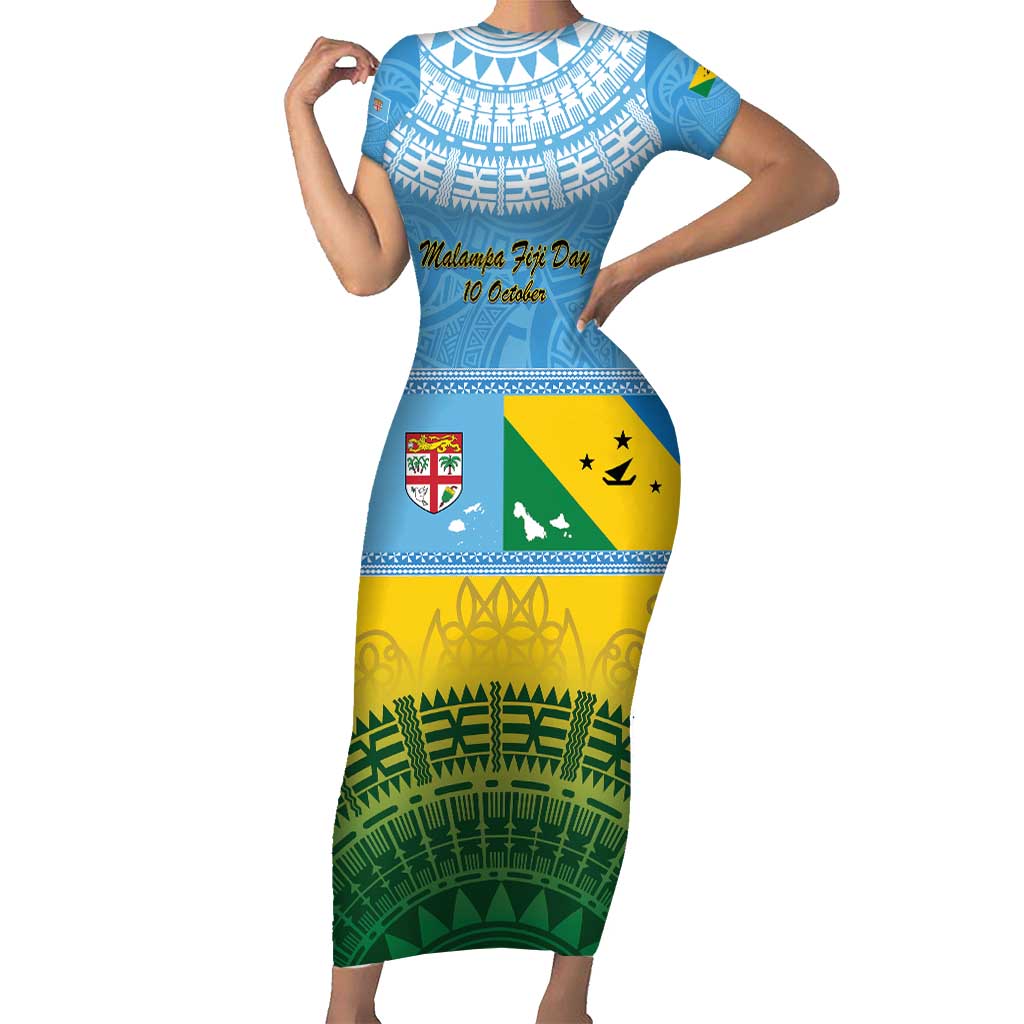 Personalised Malampa Fiji Day Short Sleeve Bodycon Dress 10 October Fijian Tapa Flag Style LT14 Long Dress Blue - Polynesian Pride