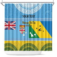 Personalised Malampa Fiji Day Shower Curtain 10 October Fijian Tapa Flag Style LT14 Blue - Polynesian Pride