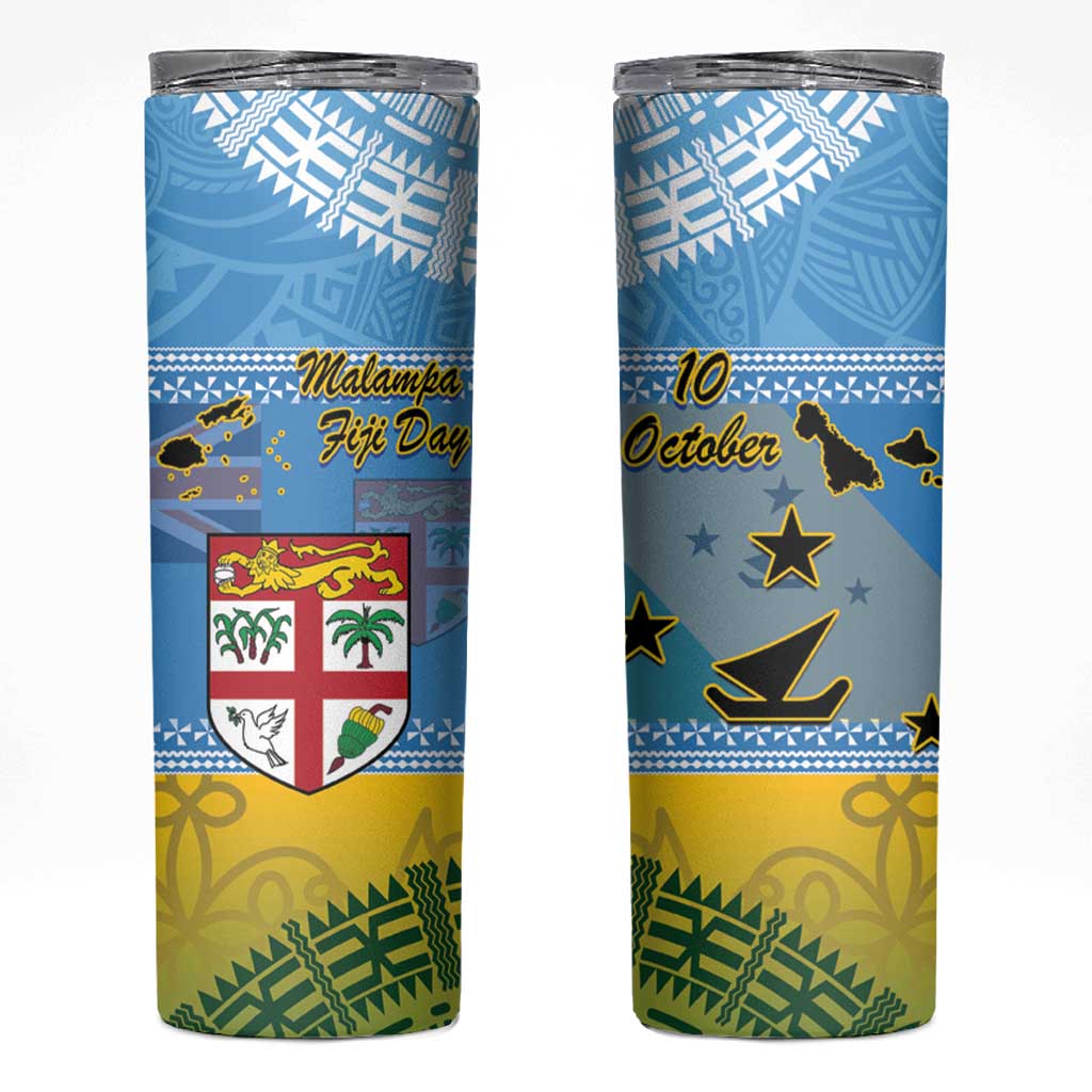Malampa Fiji Day Skinny Tumbler 10 October Fijian Tapa Flag Style LT14 Blue - Polynesian Pride