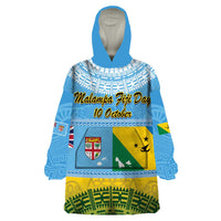 Personalised Malampa Fiji Day Wearable Blanket Hoodie 10 October Fijian Tapa Flag Style LT14 One Size Blue - Polynesian Pride