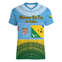 Personalised Malampa Fiji Day Women V-Neck T-Shirt 10 October Fijian Tapa Flag Style LT14 Female Blue - Polynesian Pride