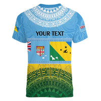 Personalised Malampa Fiji Day Women V-Neck T-Shirt 10 October Fijian Tapa Flag Style LT14 - Polynesian Pride