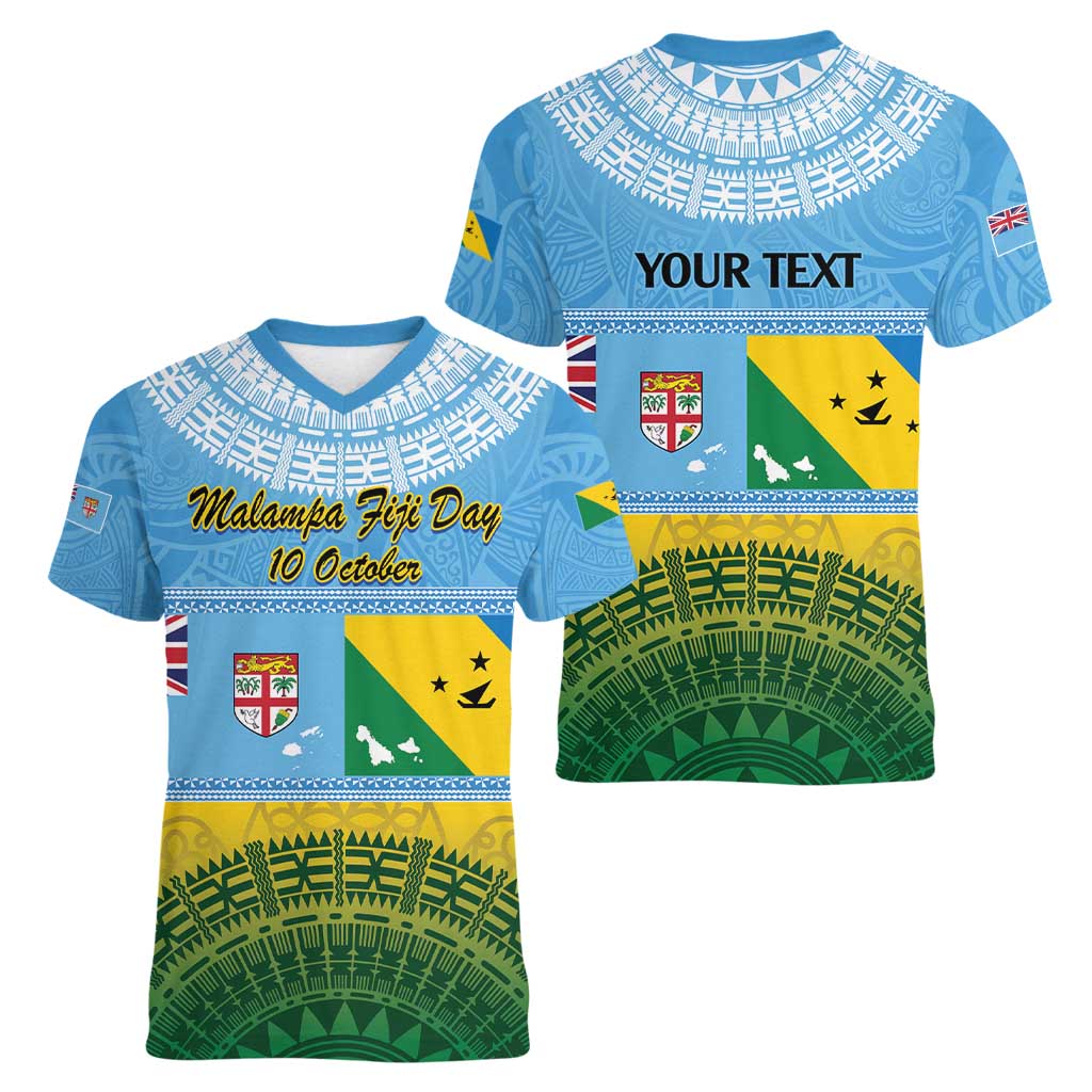 Personalised Malampa Fiji Day Women V-Neck T-Shirt 10 October Fijian Tapa Flag Style LT14 - Polynesian Pride