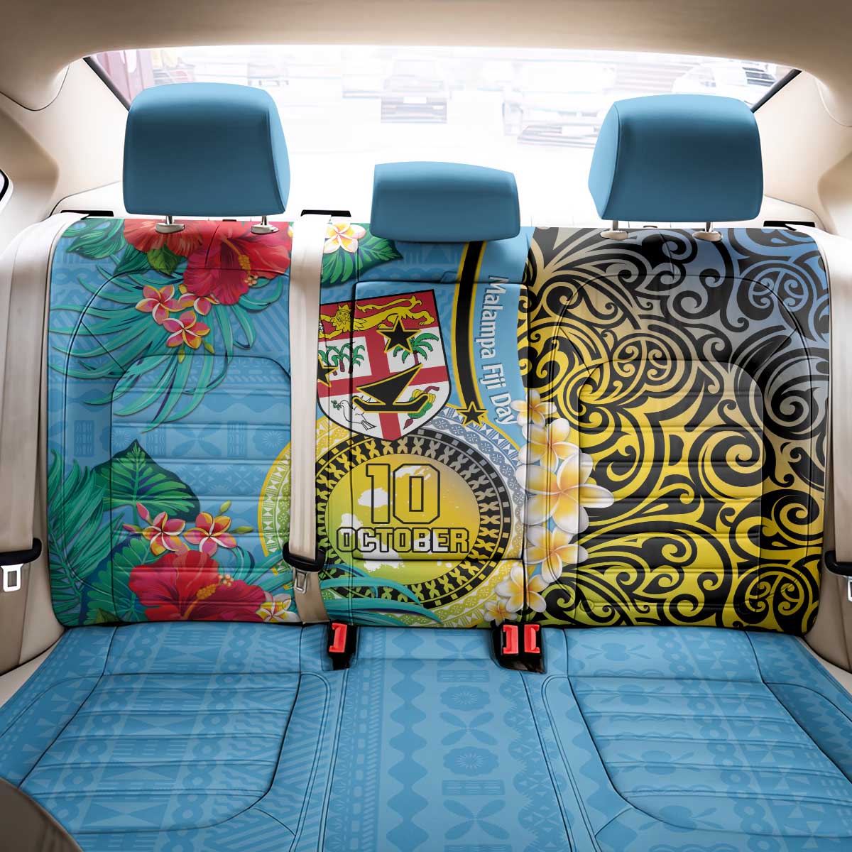 Vanuatu Malampa Fiji Day Back Car Seat Cover Happy 10 October With Maps Tropical Flowers LT14 - Polynesian Pride