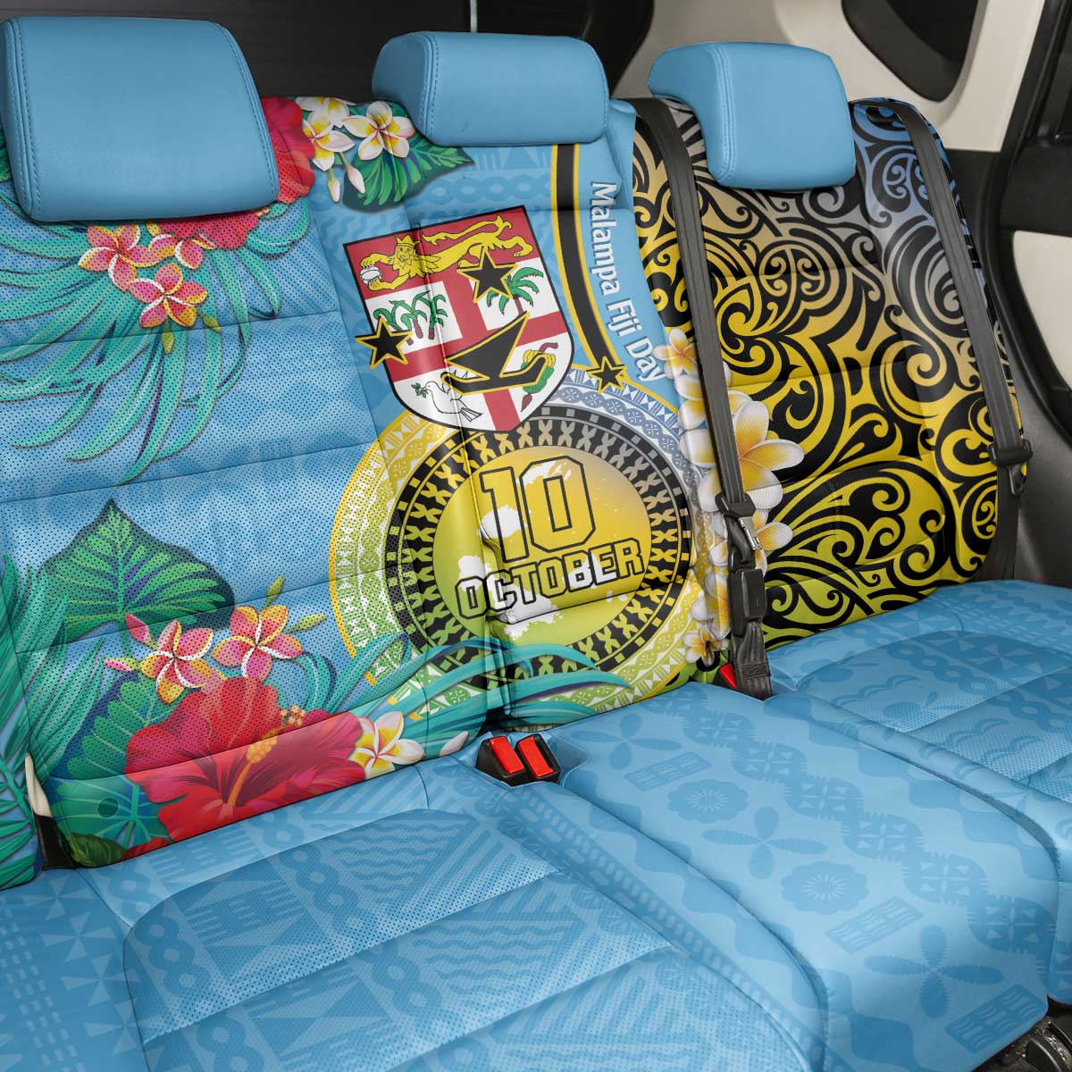 Vanuatu Malampa Fiji Day Back Car Seat Cover Happy 10 October With Maps Tropical Flowers LT14 - Polynesian Pride