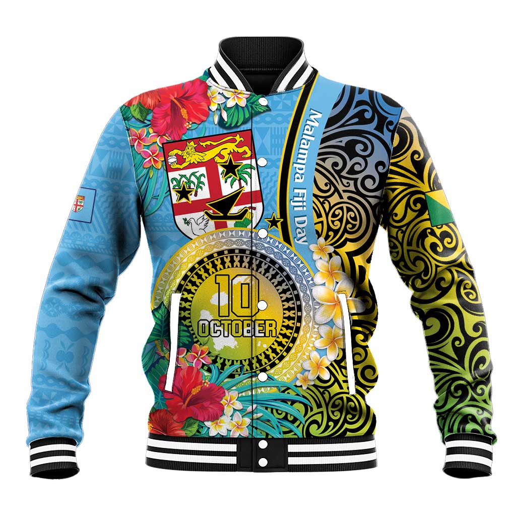Vanuatu Malampa Fiji Day Baseball Jacket Happy 10 October With Maps Tropical Flowers LT14 Unisex Blue - Polynesian Pride