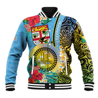 Vanuatu Malampa Fiji Day Baseball Jacket Happy 10 October With Maps Tropical Flowers LT14 Unisex Blue - Polynesian Pride