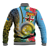 Vanuatu Malampa Fiji Day Baseball Jacket Happy 10 October With Maps Tropical Flowers LT14 - Polynesian Pride