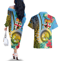 Vanuatu Malampa Fiji Day Couples Matching Off The Shoulder Long Sleeve Dress and Hawaiian Shirt Happy 10 October With Maps Tropical Flowers LT14 - Polynesian Pride