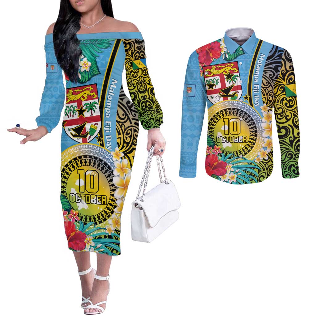Vanuatu Malampa Fiji Day Couples Matching Off The Shoulder Long Sleeve Dress and Long Sleeve Button Shirt Happy 10 October With Maps Tropical Flowers LT14 Blue - Polynesian Pride