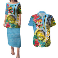 Vanuatu Malampa Fiji Day Couples Matching Puletasi and Hawaiian Shirt Happy 10 October With Maps Tropical Flowers LT14 Blue - Polynesian Pride