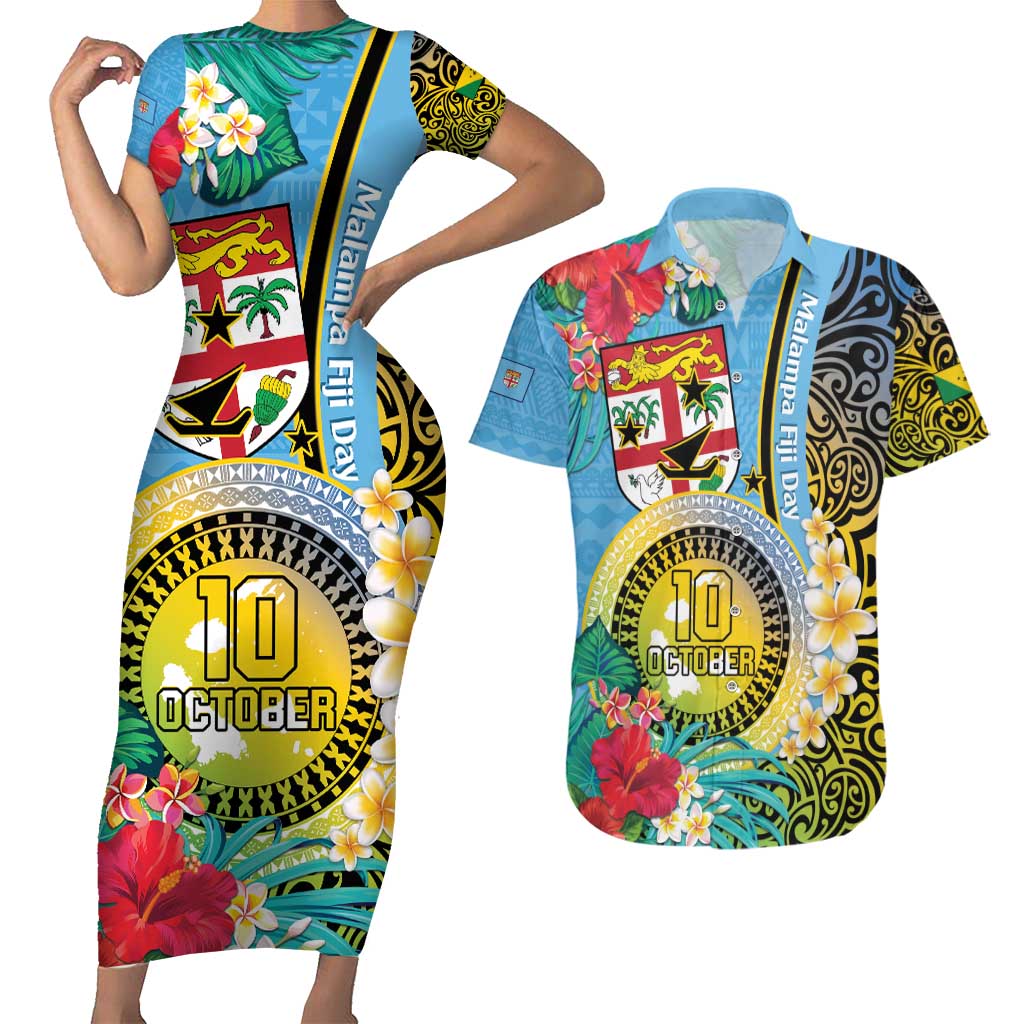 Vanuatu Malampa Fiji Day Couples Matching Short Sleeve Bodycon Dress and Hawaiian Shirt Happy 10 October With Maps Tropical Flowers LT14 Blue - Polynesian Pride