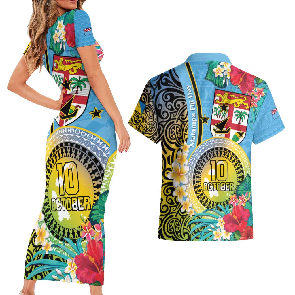 Vanuatu Malampa Fiji Day Couples Matching Short Sleeve Bodycon Dress and Hawaiian Shirt Happy 10 October With Maps Tropical Flowers LT14 - Polynesian Pride