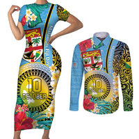 Vanuatu Malampa Fiji Day Couples Matching Short Sleeve Bodycon Dress and Long Sleeve Button Shirt Happy 10 October With Maps Tropical Flowers LT14 Blue - Polynesian Pride
