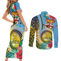 Vanuatu Malampa Fiji Day Couples Matching Short Sleeve Bodycon Dress and Long Sleeve Button Shirt Happy 10 October With Maps Tropical Flowers LT14 - Polynesian Pride