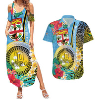 Vanuatu Malampa Fiji Day Couples Matching Summer Maxi Dress and Hawaiian Shirt Happy 10 October With Maps Tropical Flowers LT14 Blue - Polynesian Pride