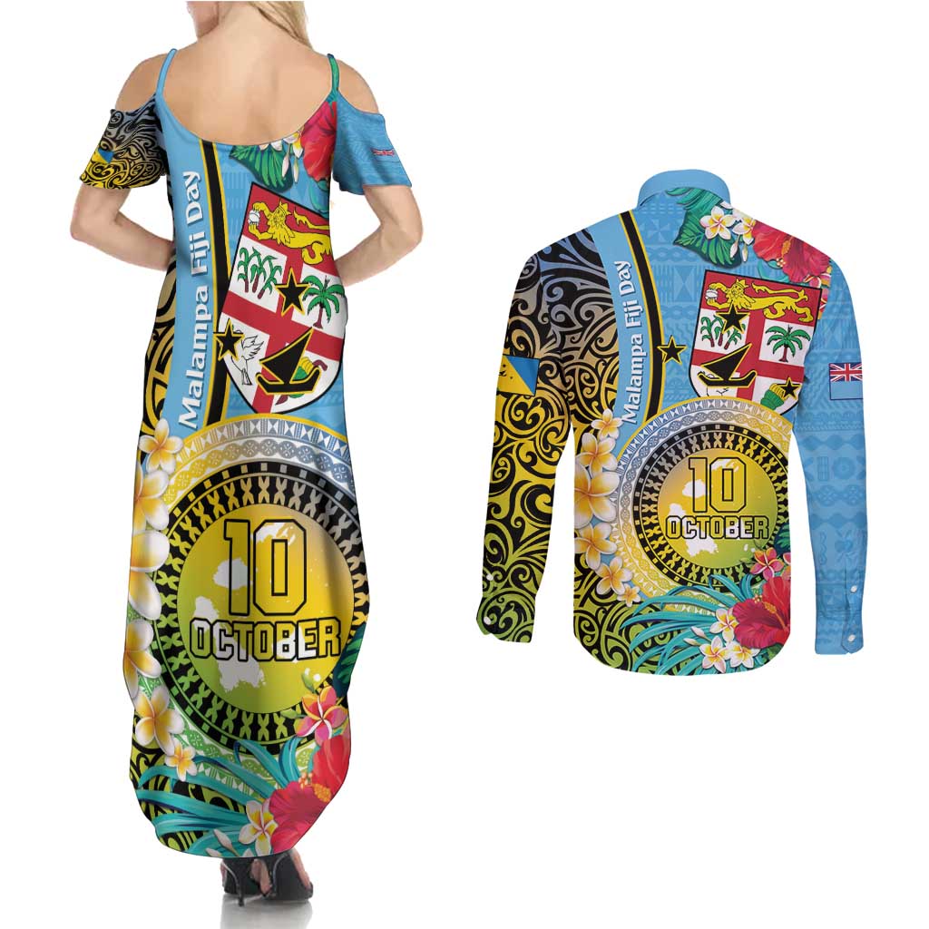 Vanuatu Malampa Fiji Day Couples Matching Summer Maxi Dress and Long Sleeve Button Shirt Happy 10 October With Maps Tropical Flowers LT14 - Polynesian Pride