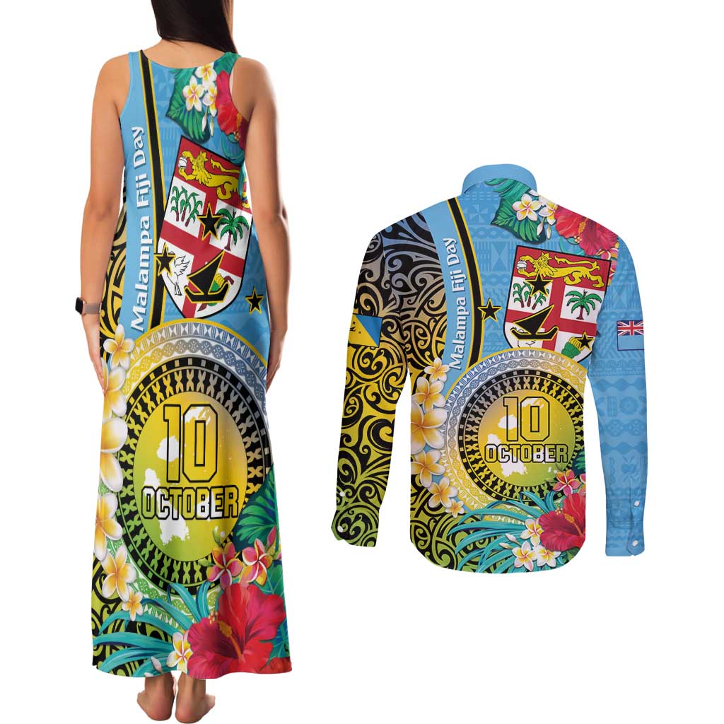 Vanuatu Malampa Fiji Day Couples Matching Tank Maxi Dress and Long Sleeve Button Shirt Happy 10 October With Maps Tropical Flowers LT14 - Polynesian Pride