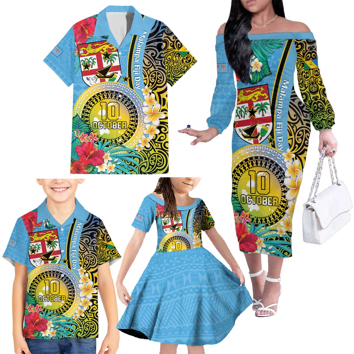 Vanuatu Malampa Fiji Day Family Matching Off The Shoulder Long Sleeve Dress and Hawaiian Shirt Happy 10 October With Maps Tropical Flowers LT14 - Polynesian Pride
