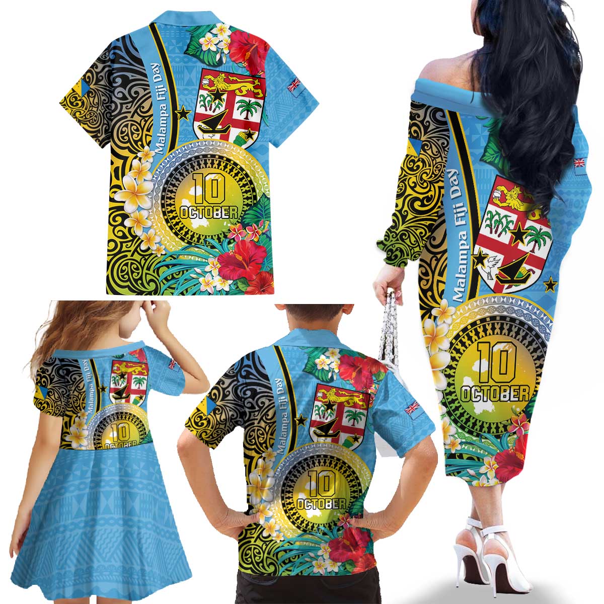 Vanuatu Malampa Fiji Day Family Matching Off The Shoulder Long Sleeve Dress and Hawaiian Shirt Happy 10 October With Maps Tropical Flowers LT14 - Polynesian Pride