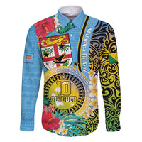 Vanuatu Malampa Fiji Day Family Matching Off The Shoulder Long Sleeve Dress and Hawaiian Shirt Happy 10 October With Maps Tropical Flowers LT14 Dad's Shirt - Long Sleeve Blue - Polynesian Pride