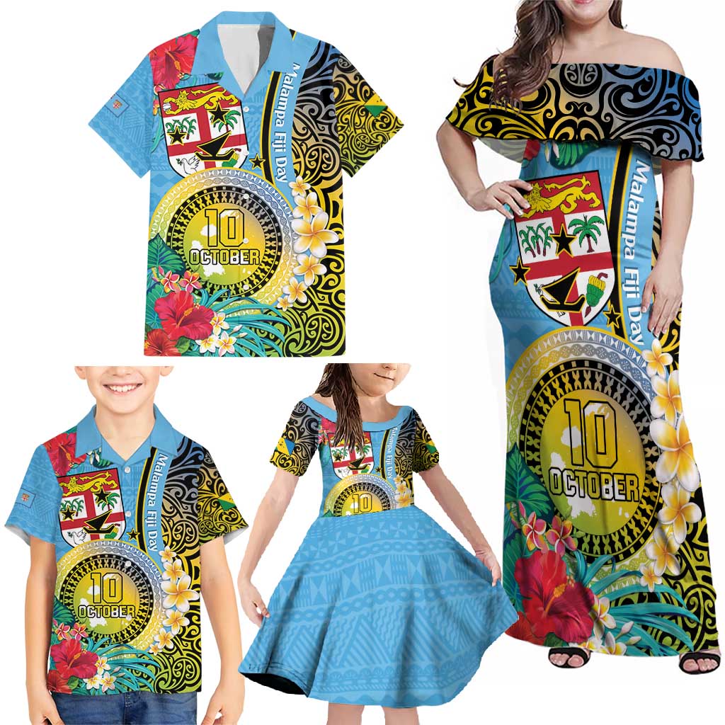 Vanuatu Malampa Fiji Day Family Matching Off Shoulder Maxi Dress and Hawaiian Shirt Happy 10 October With Maps Tropical Flowers LT14 - Polynesian Pride