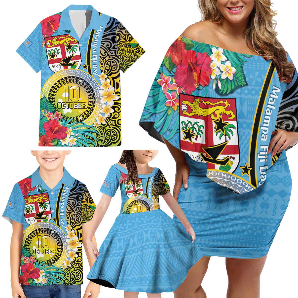 Vanuatu Malampa Fiji Day Family Matching Off Shoulder Short Dress and Hawaiian Shirt Happy 10 October With Maps Tropical Flowers LT14 - Polynesian Pride