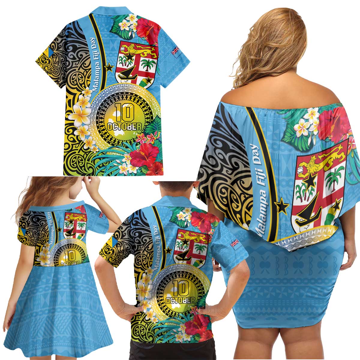 Vanuatu Malampa Fiji Day Family Matching Off Shoulder Short Dress and Hawaiian Shirt Happy 10 October With Maps Tropical Flowers LT14 - Polynesian Pride