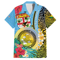 Vanuatu Malampa Fiji Day Family Matching Off Shoulder Short Dress and Hawaiian Shirt Happy 10 October With Maps Tropical Flowers LT14 Dad's Shirt - Short Sleeve Blue - Polynesian Pride