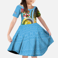 Vanuatu Malampa Fiji Day Family Matching Puletasi and Hawaiian Shirt Happy 10 October With Maps Tropical Flowers LT14 Daughter's Dress Blue - Polynesian Pride