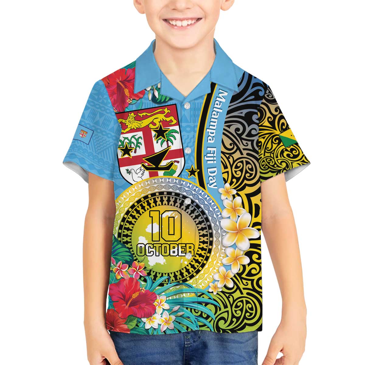Vanuatu Malampa Fiji Day Family Matching Puletasi and Hawaiian Shirt Happy 10 October With Maps Tropical Flowers LT14 Son's Shirt Blue - Polynesian Pride