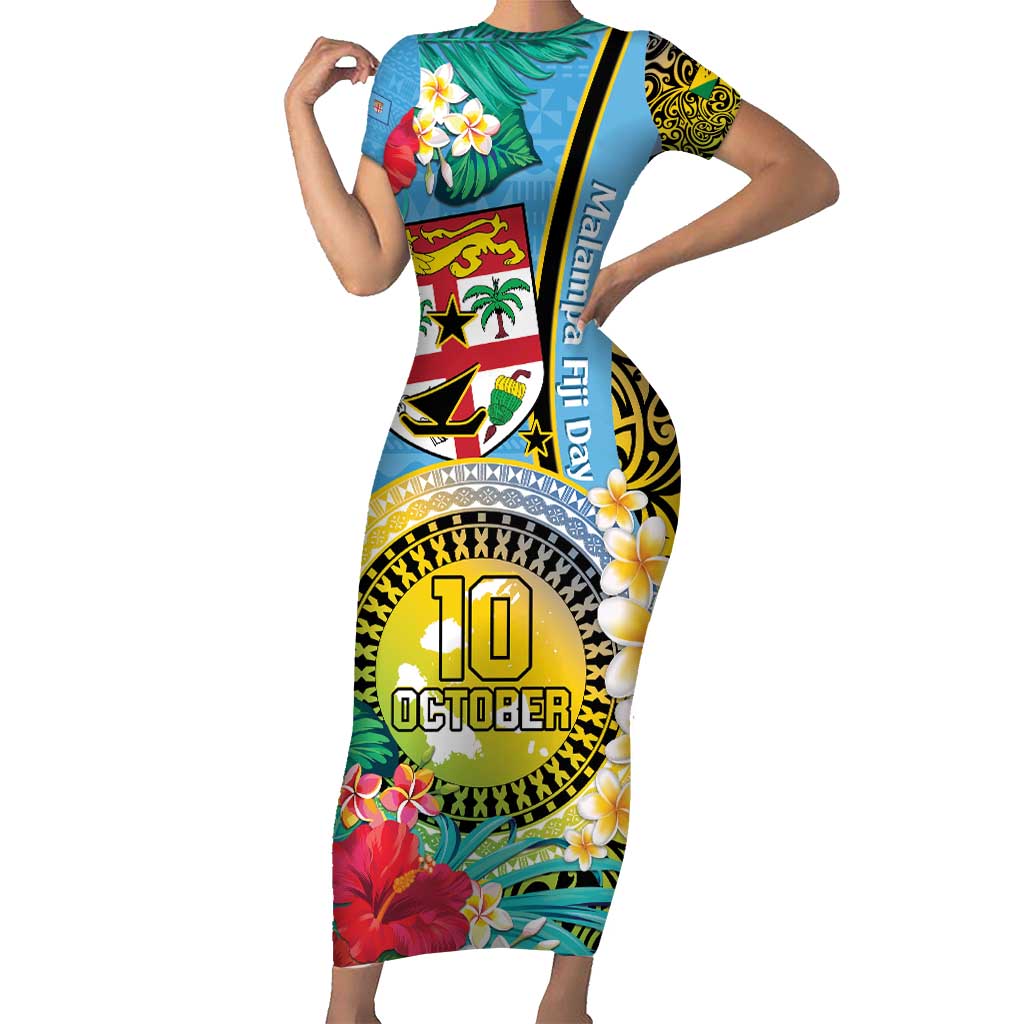 Vanuatu Malampa Fiji Day Family Matching Short Sleeve Bodycon Dress and Hawaiian Shirt Happy 10 October With Maps Tropical Flowers LT14 Mom's Dress Blue - Polynesian Pride