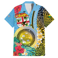 Vanuatu Malampa Fiji Day Family Matching Summer Maxi Dress and Hawaiian Shirt Happy 10 October With Maps Tropical Flowers LT14 Dad's Shirt - Short Sleeve Blue - Polynesian Pride