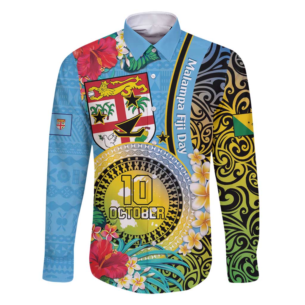 Vanuatu Malampa Fiji Day Family Matching Tank Maxi Dress and Hawaiian Shirt Happy 10 October With Maps Tropical Flowers LT14 Dad's Shirt - Long Sleeve Blue - Polynesian Pride