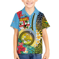 Vanuatu Malampa Fiji Day Family Matching Tank Maxi Dress and Hawaiian Shirt Happy 10 October With Maps Tropical Flowers LT14 Son's Shirt Blue - Polynesian Pride