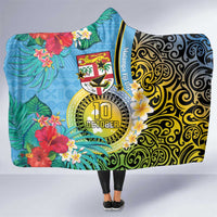 Vanuatu Malampa Fiji Day Hooded Blanket Happy 10 October With Maps Tropical Flowers LT14 One Size Blue - Polynesian Pride