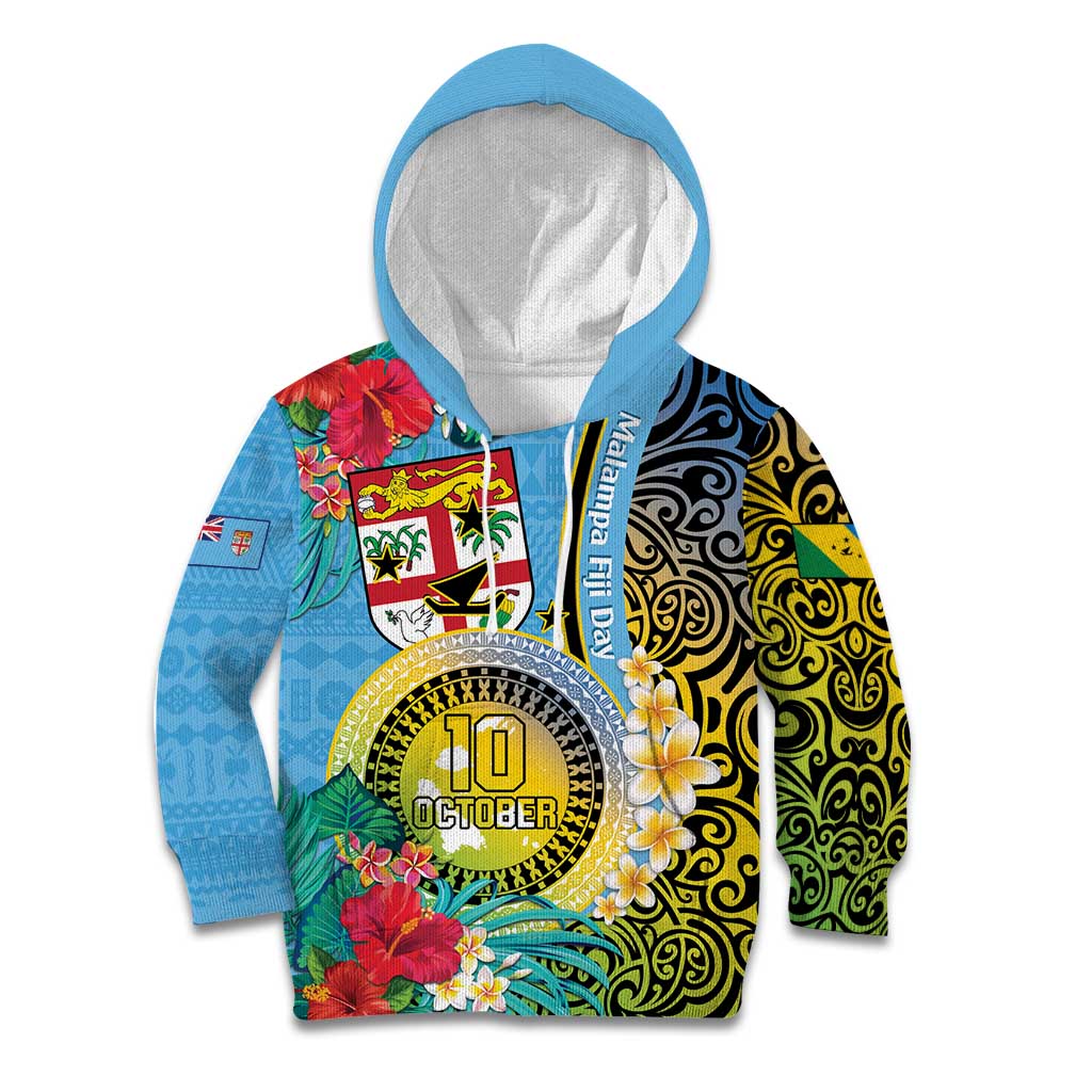 Vanuatu Malampa Fiji Day Kid Hoodie Happy 10 October With Maps Tropical Flowers LT14 Hoodie Blue - Polynesian Pride