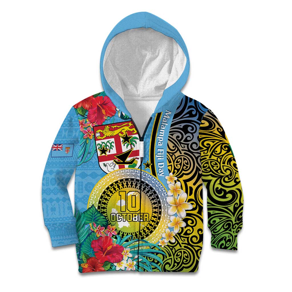 Vanuatu Malampa Fiji Day Kid Hoodie Happy 10 October With Maps Tropical Flowers LT14 Zip Hoodie Blue - Polynesian Pride