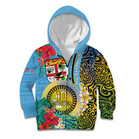 Vanuatu Malampa Fiji Day Kid Hoodie Happy 10 October With Maps Tropical Flowers LT14 Zip Hoodie Blue - Polynesian Pride