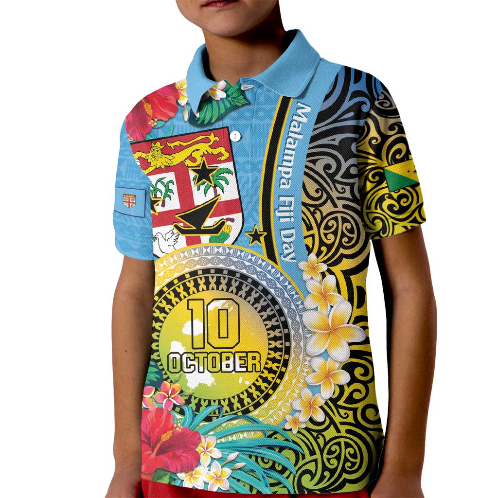 Vanuatu Malampa Fiji Day Kid Polo Shirt Happy 10 October With Maps Tropical Flowers LT14 Kid Blue - Polynesian Pride