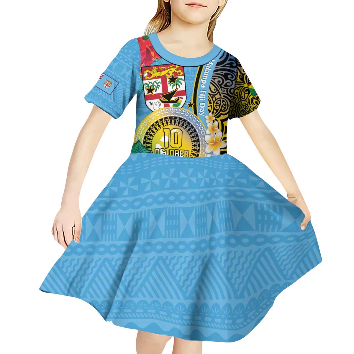 Vanuatu Malampa Fiji Day Kid Short Sleeve Dress Happy 10 October With Maps Tropical Flowers LT14 - Polynesian Pride