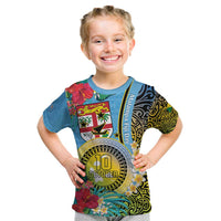 Vanuatu Malampa Fiji Day Kid T Shirt Happy 10 October With Maps Tropical Flowers LT14 Blue - Polynesian Pride
