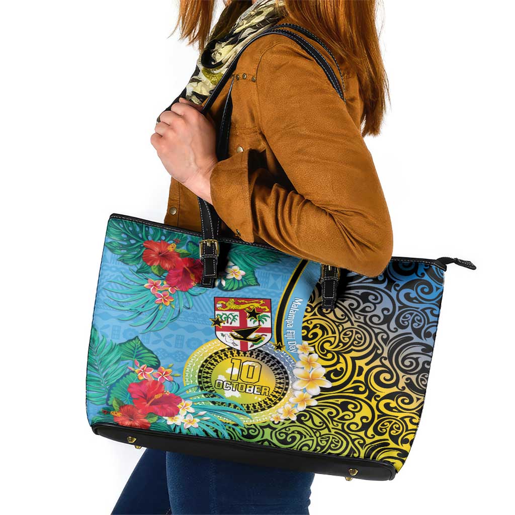 Vanuatu Malampa Fiji Day Leather Tote Bag Happy 10 October With Maps Tropical Flowers LT14 Blue - Polynesian Pride