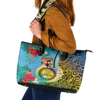 Vanuatu Malampa Fiji Day Leather Tote Bag Happy 10 October With Maps Tropical Flowers LT14 Blue - Polynesian Pride