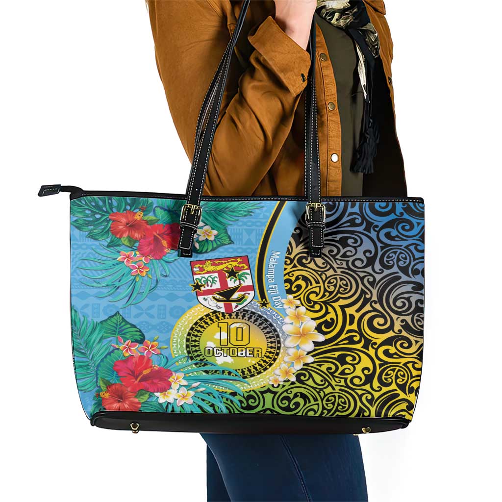 Vanuatu Malampa Fiji Day Leather Tote Bag Happy 10 October With Maps Tropical Flowers LT14 - Polynesian Pride