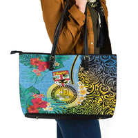 Vanuatu Malampa Fiji Day Leather Tote Bag Happy 10 October With Maps Tropical Flowers LT14 - Polynesian Pride