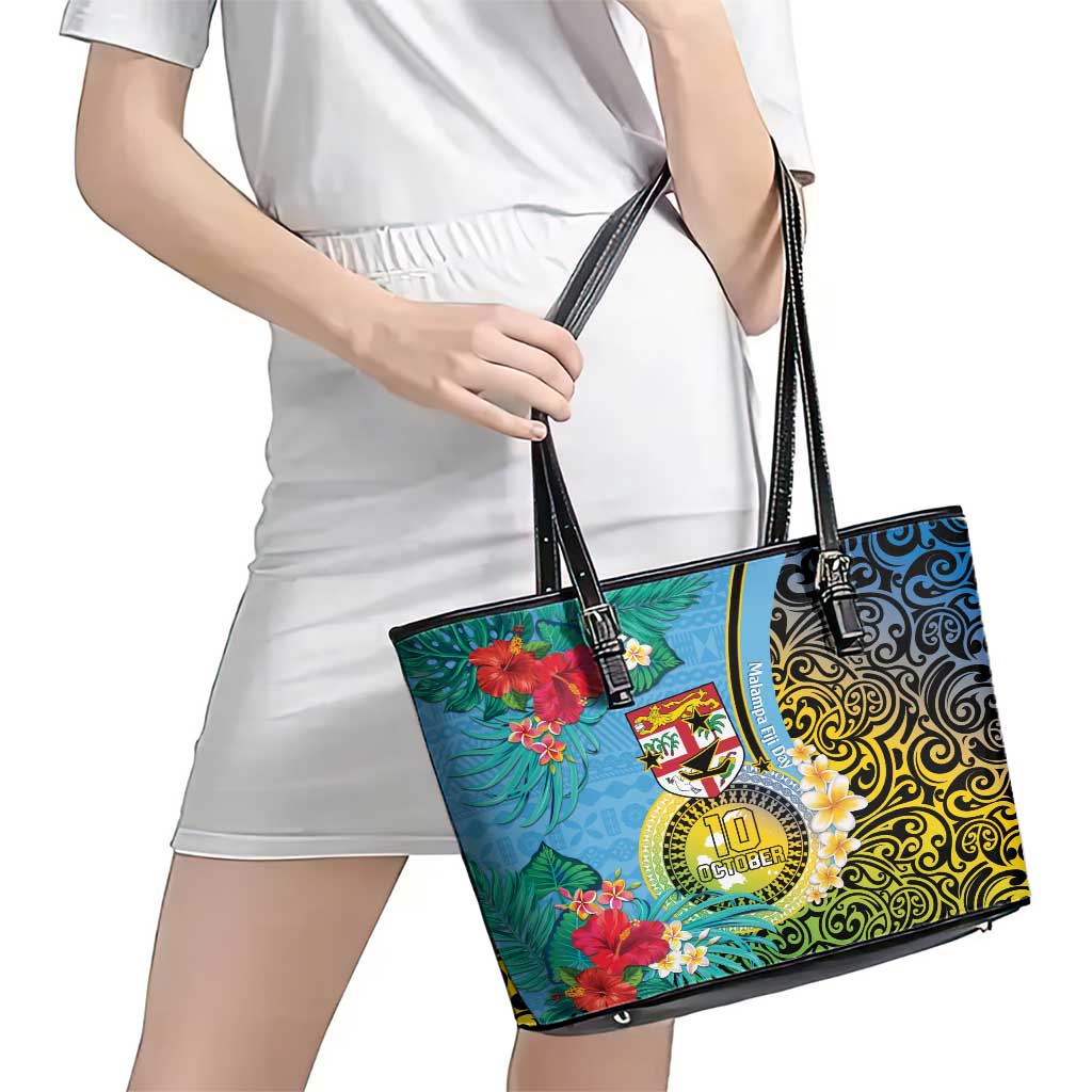 Vanuatu Malampa Fiji Day Leather Tote Bag Happy 10 October With Maps Tropical Flowers LT14 - Polynesian Pride