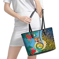 Vanuatu Malampa Fiji Day Leather Tote Bag Happy 10 October With Maps Tropical Flowers LT14 - Polynesian Pride