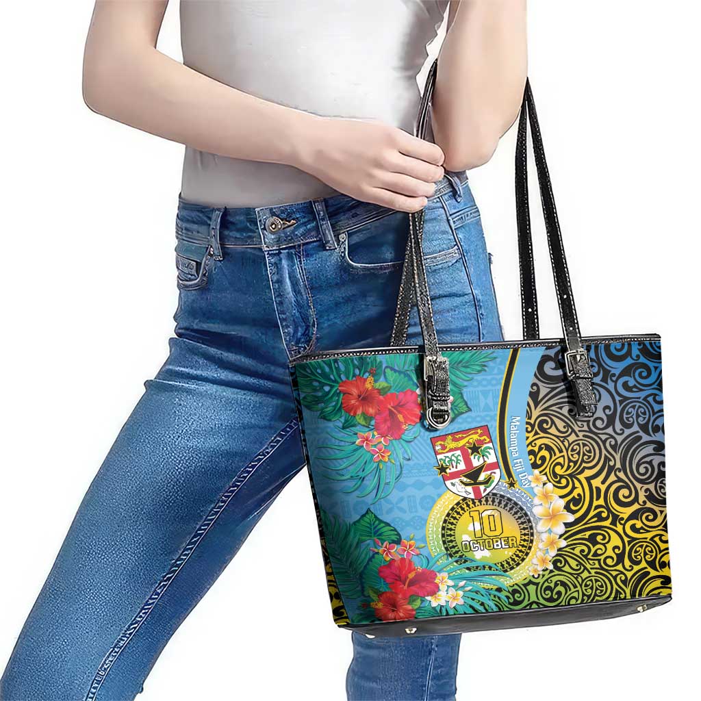 Vanuatu Malampa Fiji Day Leather Tote Bag Happy 10 October With Maps Tropical Flowers LT14 - Polynesian Pride